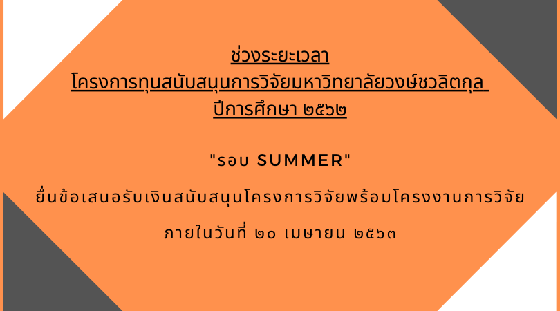ช่วงระยะเวลา โครงการทุนสนับสนุนการวิจัยมหาวิทยาลัยวงษ์ชวลิตกุล ปีการศึกษา ๒๕๖๒